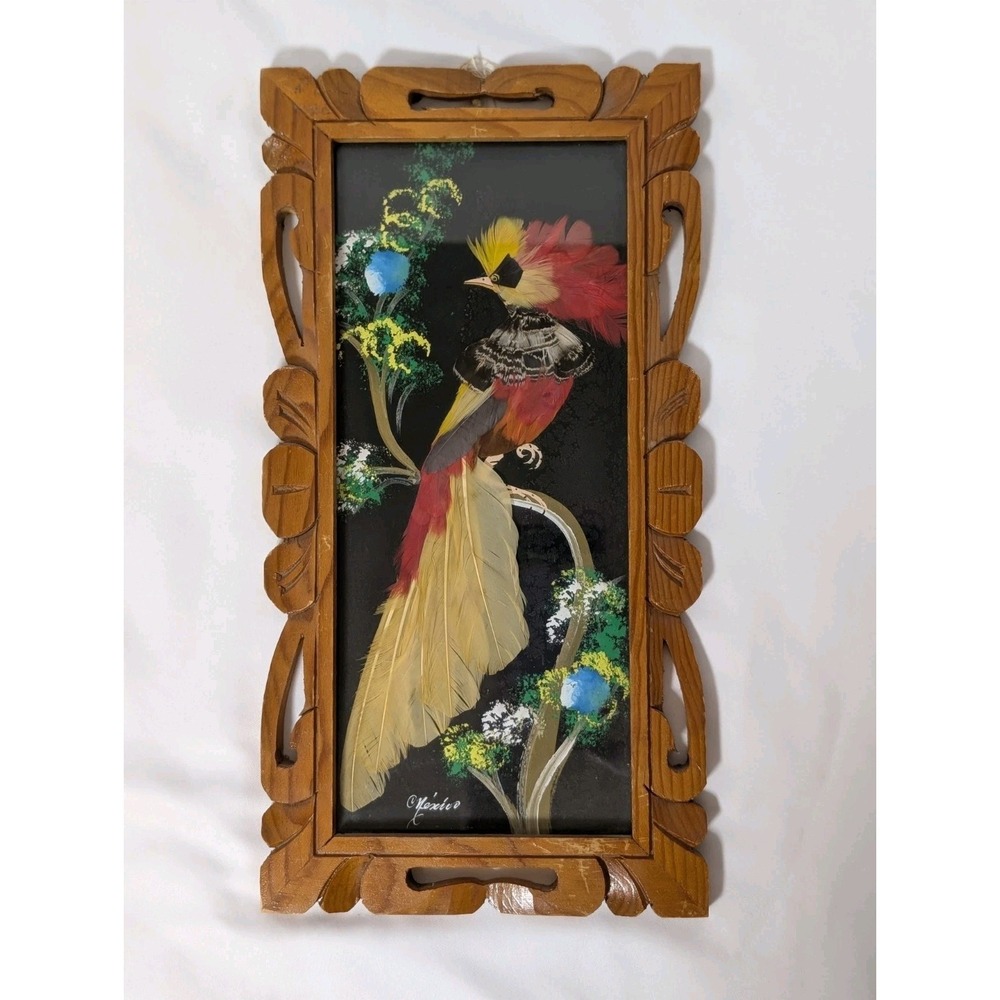 Vintage Mexican Feather Art Carved Wood Frame Yellow Red Bird 6.75" x‎ 13"
